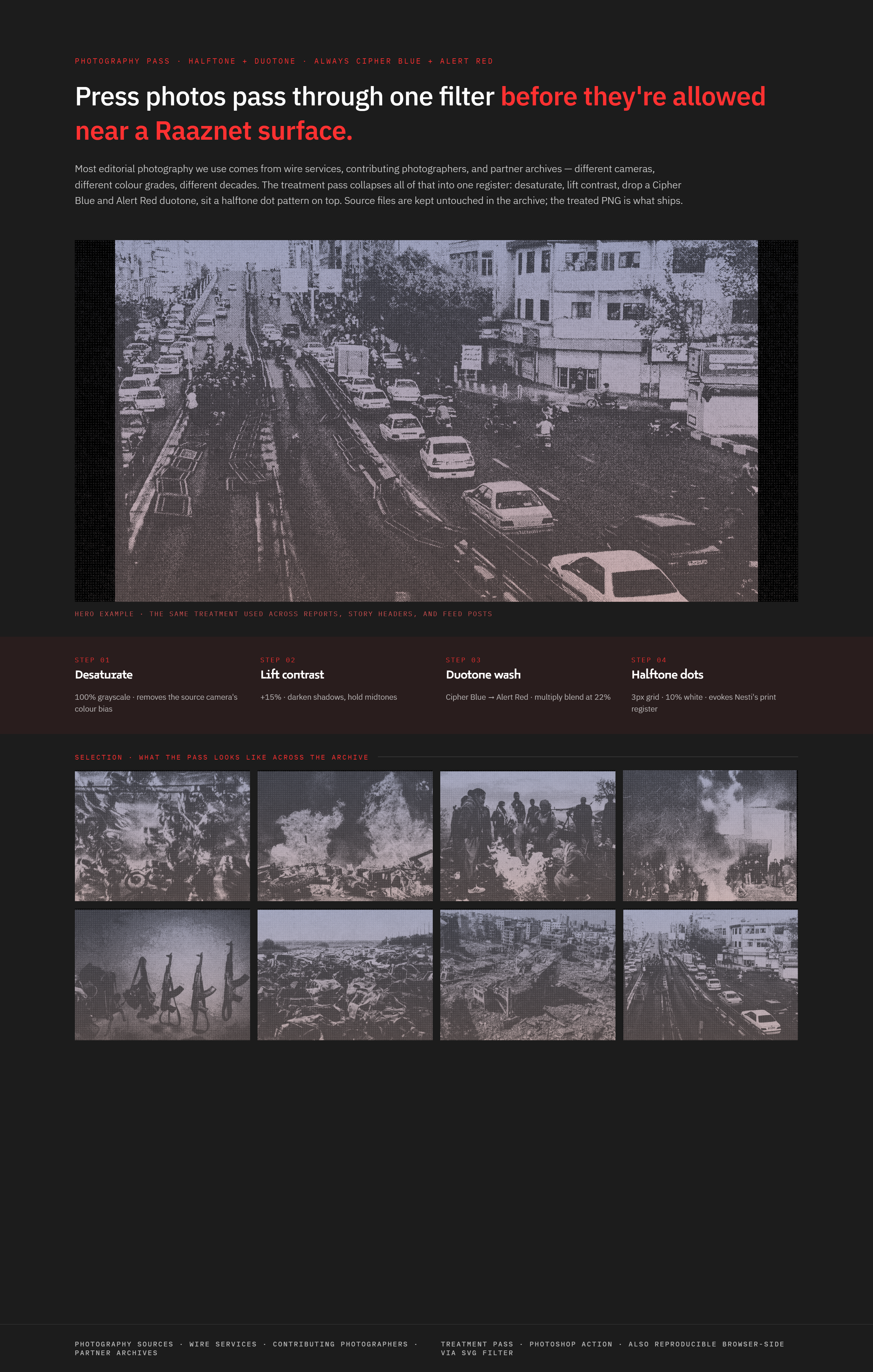 Photography pass — halftone + duotone treatment